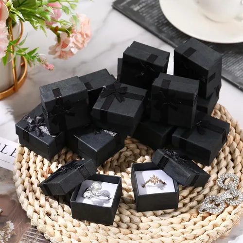 Miniatura 7 de Bucherry 72 cajas de anillos de 1.6 x 1.6 pulgadas, caja de joyería de cartón duro con lazo de cinta, pequeñas cajas de regalo para pequeñas Negro