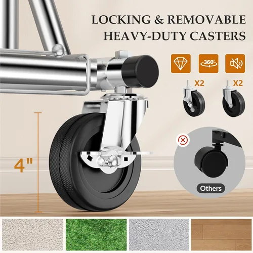 Miniatura 7 de Gewudraw Perchero resistente para ropa con capacidad de carga de 240 kg, estante de ropa de metal con ruedas y estantes resistentes, perchero Plata