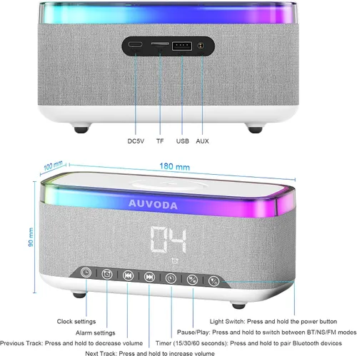 Miniatura 8 de Altavoz Bluetooth S300, altavoz portátil inalámbrico con carga inalámbrica de 15 W, luz nocturna de 13 colores, alarma, estéreo de 16 W, TWS, BT5.3