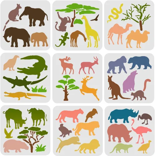 FINGERINSPIRE 9 plantillas de plantillas de animales de 7.9 x 7.9 pulgadas, patrón de pintura de plástico – mono, oso, pájaro, elefante, ciervo,