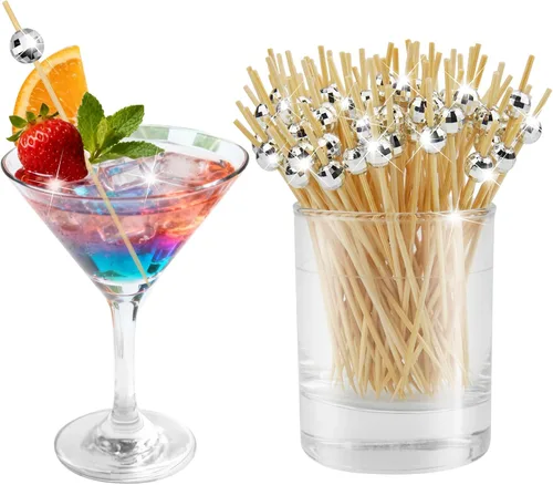 100 piezas de palillos de cóctel, palillos de dientes decorativos de bola de discoteca para aperitivos, pinchos de cóctel plateados para aperitivos,