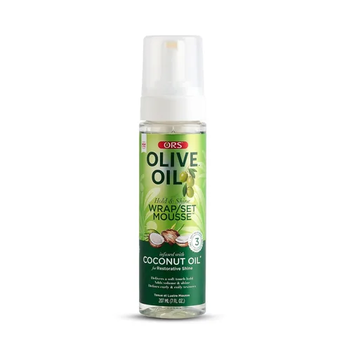 ORS Set de envoltura de aceite de oliva Hold & Shine Mousse infundida con aceite de coco para un brillo reparador, 7 onzas