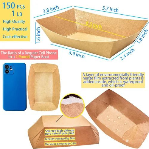 Miniatura 2 de Paquete de 150 Bandejas para Servir Alimentos de 1 Libra, Bandejas Pequeñas de Papel Kraft a Prueba de Aceite, Desechables, Reciclables, para Marrón