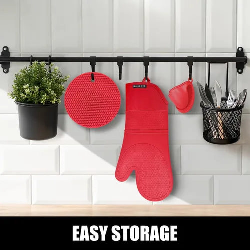 Miniatura 9 de Rorecay Juego de 6 manoplas y soportes para ollas para cocina, guantes de horno de silicona extra largos resistentes al calor de 500 grados, Rojo
