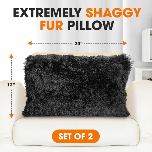 Miniatura 3 de Cheer Collection Almohadas para sofá y cama, almohadas suaves y peludas con rellenos incluidos, acogedoras almohadas de pelo sintético de pelo Negro