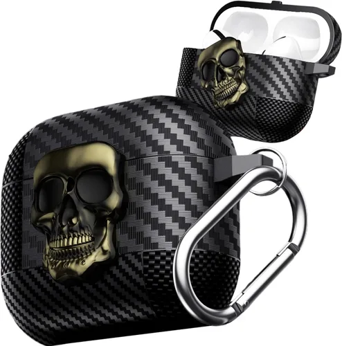 Miniatura 17 de Funda para AirPods Pro de 2ª generación, calavera con cerradura y llavero para hombres, divertida fibra de carbono de cuerpo completo, a prueba