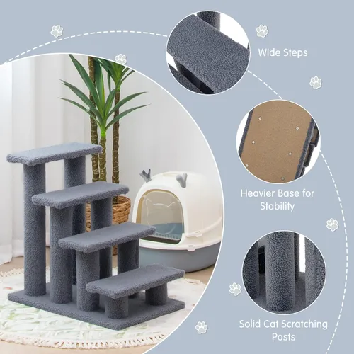 Miniatura 6 de Tangkula Escaleras para mascotas para gatos y perros, rampa de escalera alfombrada de 4 escalones, poste rascador para gatos, escaleras de varios