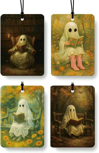 Ambientador de coche para amantes de los libros de fantasmas de Halloween, 4 piezas, retro Spook Ghost Reading Books Ambientador colgante para