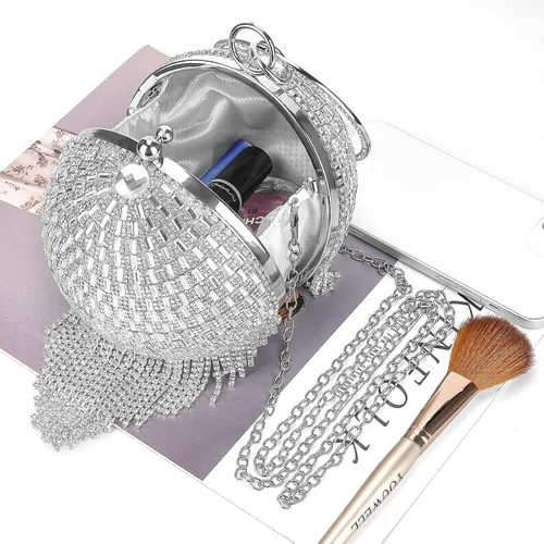Miniatura 6 de Bolso de mano redondo para mujer pequeño bolso de noche de cristal deslumbrante borla de diamantes de imitación boda fiesta bolso cruzado con asa