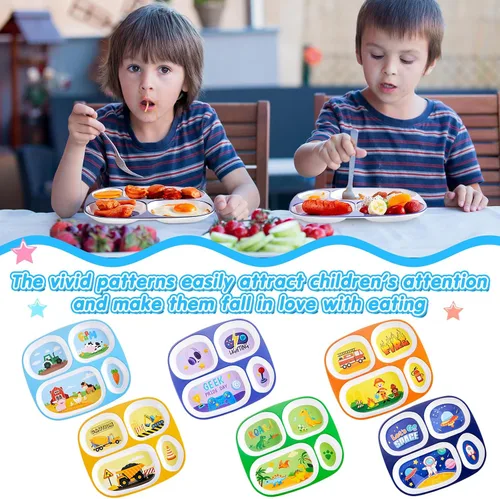 Miniatura 5 de Hushee 6 platos para niños de 9.4 x 8.2 pulgadas para la cena, lindos platos divididos para niños y niñas, platos divertidos de plástico para servir