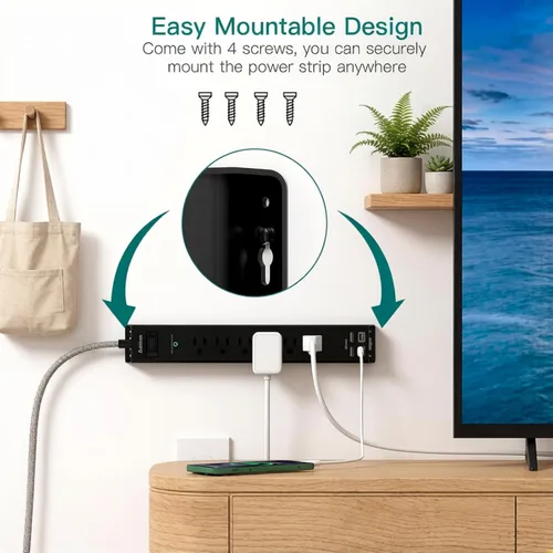 Miniatura 5 de Addtam 2 FT Power Strip Surge Protector with USB C, Flat Plug Extension Cord, 6 AC Outlets 4 USB Ports (2 USB C), 1875W/15A Multi Plug Outlet