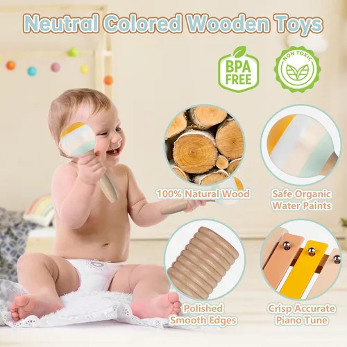 Miniatura 3 de Instrumentos musicales para bebés - Juguetes musicales de colores neutros para niños pequeños de 1 a 3 años, juego de instrumentos de percusión