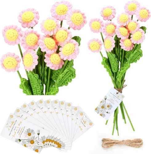 Tigeen 24 juegos de ramo de flores de ganchillo a granel, ramo de flores de punto de margaritas de ganchillo y tarjetas impresionantes, regalos de