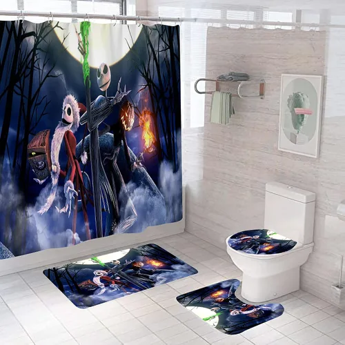 Miniatura 26 de Juego de 4 cortinas de ducha de Navidad para niños, decoración de Halloween con 12 ganchos de cortina para baño, impermeable, 71 x 71 pulgadas (D13)