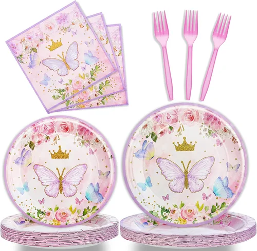 Juego de 96 platos de mariposa para fiesta de cumpleaños, servilletas, tenedores, suministros de vajilla, juego de vajilla desechable, decoración