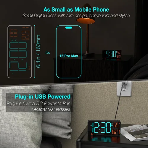Miniatura 2 de KOSUMOSU Reloj digital para dormitorio de 6.7 pulgadas, despertador para sala de estar, atenuación automática, fecha, semana, segundos, temperatura