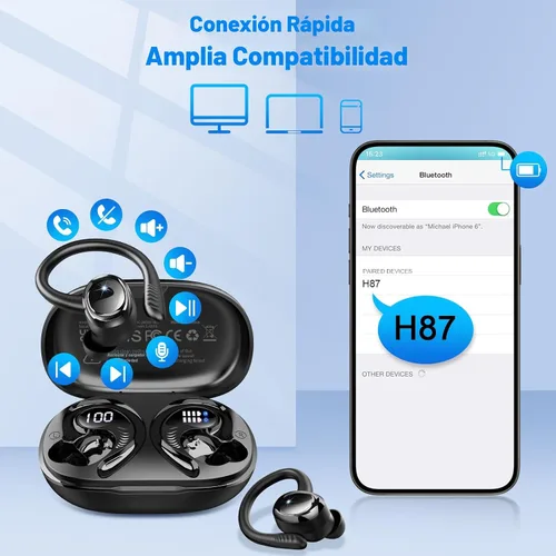 Miniatura 7 de Hupoaf Auriculares Inalámbricos Deportivos, Nuevos Auriculares Bluetooth 5.4 con Ganchos para los Oídos, Auriculares Estéreo de Graves Profundos