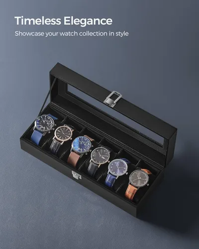 Miniatura 5 de SONGMICS Caja de reloj, caja de reloj de 6 ranuras con tapa de vidrio grande, almohadas extraíbles para reloj, organizador de caja de reloj, regalo
