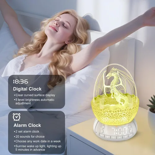Miniatura 3 de Reloj Digital Huevo de Dragón de 2da Generación Despertador Ok para Despertar con Luz Nocturna / 20 Canciones de Cuna Ruido Blanco/Altavoz