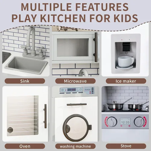 Miniatura 3 de Juego de cocina de madera para niños con luces y sonidos, cocina de juego de simulación para niños pequeños con horno, fregadero, microondas
