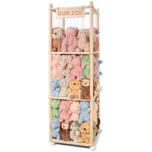 Almacenamiento de animales de peluche, bonito soporte de madera para juguetes de zoológico con ruedas de freno, organizador de juguetes de ahorro de