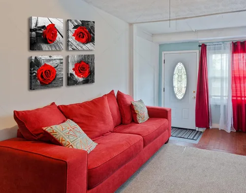 Miniatura 6 de JiazuGo - Decoración de pared para dormitorio con rosas rojas, arte de pared en blanco y negro, flores modernas para parejas, cuadros románticos