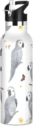 Cartoon African Grey Parrot White, Kids Water Bottle with Leak Proof Spout Lid Double Wall Vacuum Insulated Leakproof BPA Free for Travel, Camping,