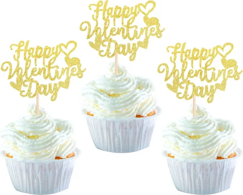 Miniatura 38 de Paquete de 24 adornos para cupcakes con purpurina en forma de corazón con temática de amor dulce, decoración de pasteles para el día de San
