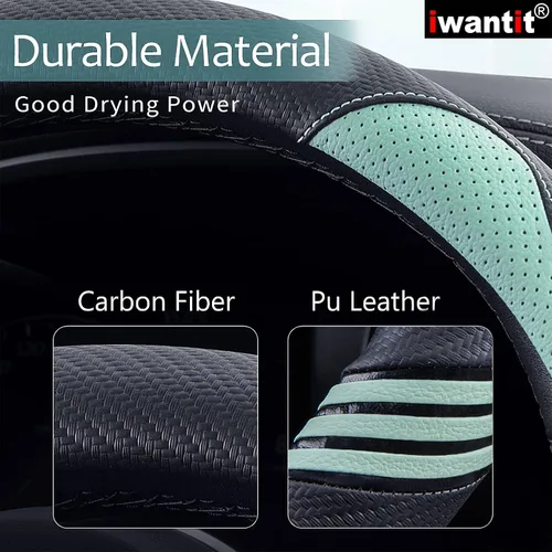 Miniatura 4 de Iwantit® Funda para volante con fibra de carbono y anillo de goma antideslizante, ajuste universal de 14.5 a 15 pulgadas para automóviles, SUV