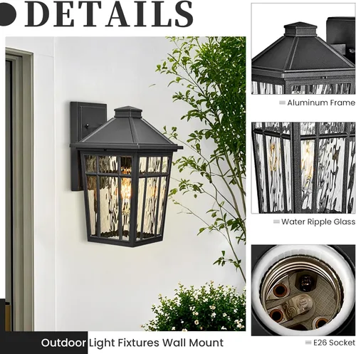 Miniatura 4 de Lámparas de pared al aire libre de 11 pulgadas, lámparas exteriores para casa, aplique de pared exterior de aluminio negro con vidrio ondulado
