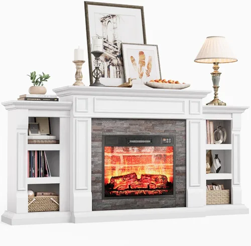 LGHM Chimenea eléctrica de 72 pulgadas con repisa, soporte de TV para televisores de hasta 80 pulgadas, moderno centro de entretenimiento con Blanco