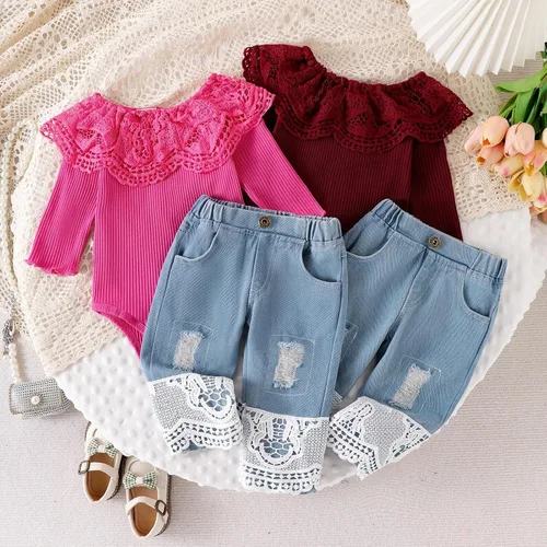 Miniatura 27 de Conjunto de ropa de bebé niña para bebé, mameluco de encaje blanco de manga larga + pantalones de mezclilla