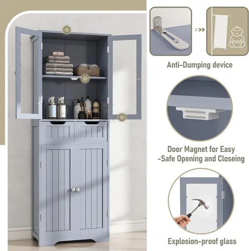 Miniatura 4 de Betterhood Armario de almacenamiento de baño de 67 pulgadas de alto, gabinete independiente con puertas y estantes de vidrio, despensa de baño