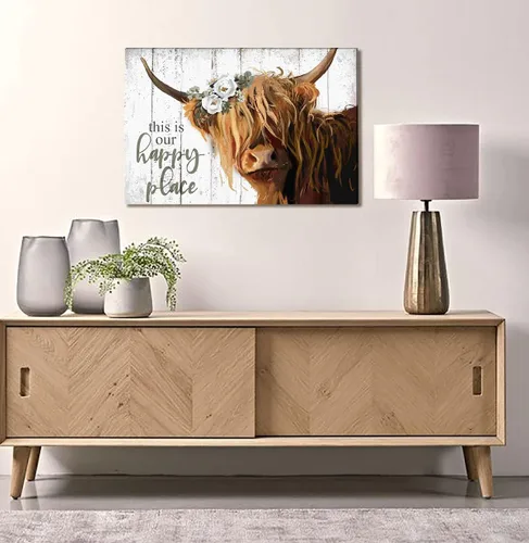 Miniatura 4 de Arte de pared de vaca de las montañas – This Is Our Happy Place - Póster de lienzo inspirador para el hogar, vaca escocesa de pelo largo con imagen