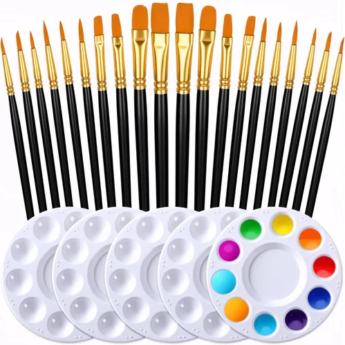 Juego de pinceles y paletas de pintura de DUGATO, 2 paquetes/20 pinceles de punta redonda de pelo de nailon con 5 bandejas de pintura para pintura