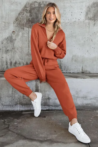 Miniatura 80 de PRETTYGARDEN Conjunto de suéter de 2 piezas para mujer, sudadera con cremallera, pantalones deportivos, ropa casual