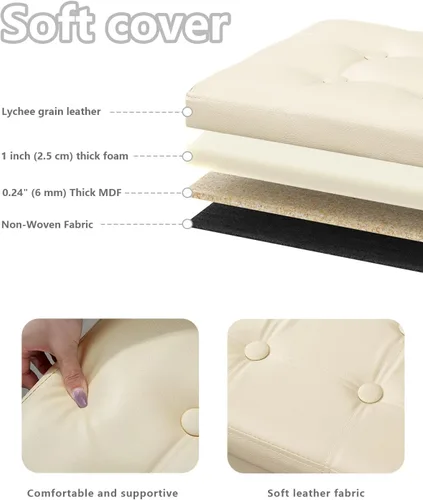 Miniatura 5 de Bsketa Otomana de Almacenamiento, Taburete Plegable con Asiento Acolchado de Espuma Más Gruesa, Otomana Pequeña de Cuero para Almacenamiento, Banco