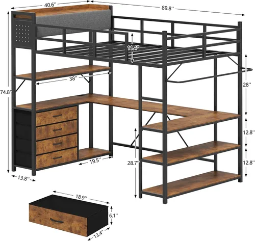 Miniatura 2 de Cama elevada de tamaño individual con almacenamiento y cabecero tapizado, estructura de cama elevada de metal con escritorio en forma de U y luces