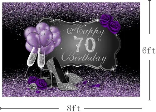 Miniatura 3 de Fondo fotográfico negro y morado con tacones altos plateados, globos de rosa morada para fiesta de cumpleaños número 70, telón de fondo