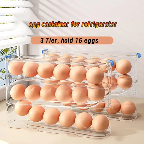 Miniatura 5 de Recipiente para huevos para refrigerador transparente apilable para almacenamiento y organización de cocina (marrón oscuro, 3 niveles)