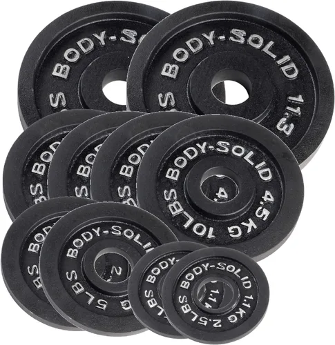 Body-Solid Juego de platos olímpicos de hierro fundido, placas de mancuernas con agujero estándar de 2 pulgadas para todos los tipos de pesas