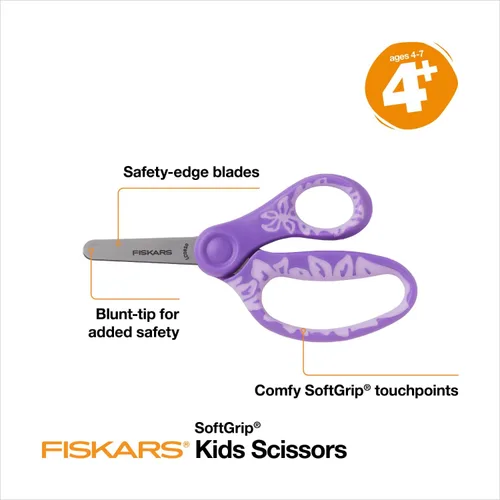 Miniatura 2 de Fiskars Tijeras SoftGrip de punta roma de 5 pulgadas para niños de 4 a 7 años (paquete de 3), tijeras para la escuela o manualidades, suministros