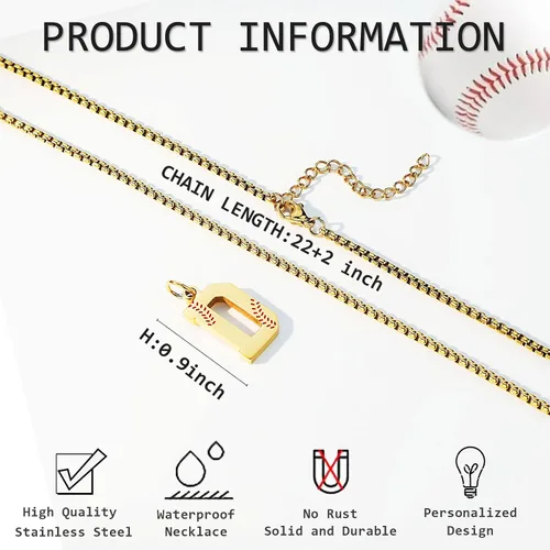 Miniatura 3 de Susook Collar con inicial de béisbol para niños, dije de letra A-Z, cadena de acero inoxidable de 22 + 2 pulgadas, regalo de béisbol personalizado