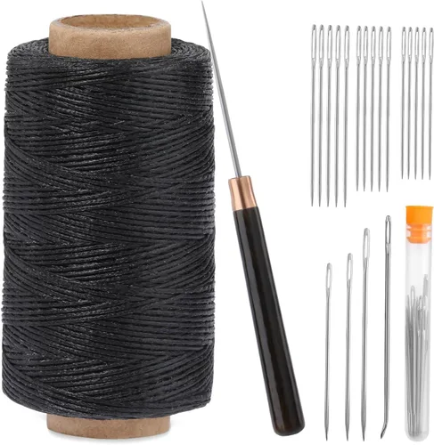 TLKKUE Kit de hilo de coser para reparación de tapicería, aguja de hilo encerado de 273 yardas, punzón recto, kit de costura de cuerda de cera Negro