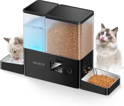 Rojeco Dispensador Automático para Mascotas de 36 Tazas/8.5L y Dispensador de Agua por Gravedad, Juego de Cuencos de Acero Inoxidable 2-en-1 de Gran