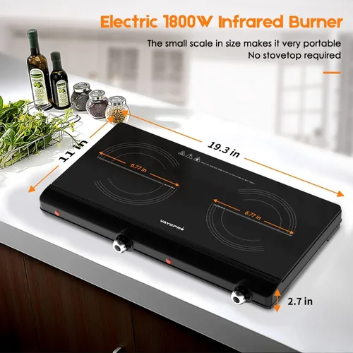 Miniatura 8 de Placa eléctrica infrarroja de doble quemador – Estufa portátil de 1800 W, calentamiento en segundos, encimera para dormitorio, compatible con todos