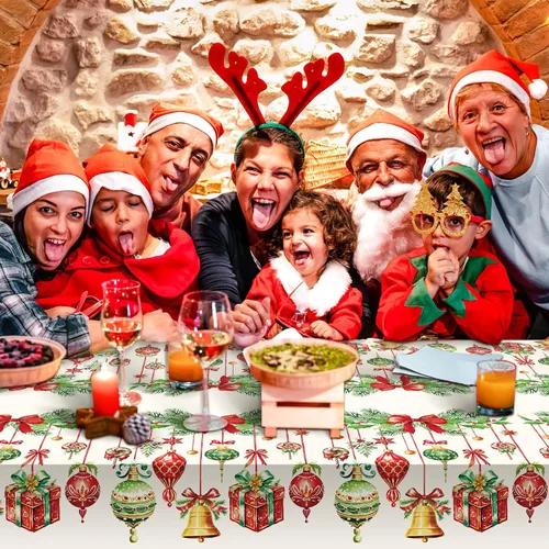 Miniatura 5 de Frienda Paquete de 3 manteles de plástico para Navidad, mantel de Navidad desechable rectangular para decoración de fiesta de Navidad, suministros