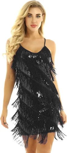 CHICTRY Vestido de mujer con tirantes delgados, borlas de lentejuelas, con flecos, vestido de fiesta, baile, vestido de noche