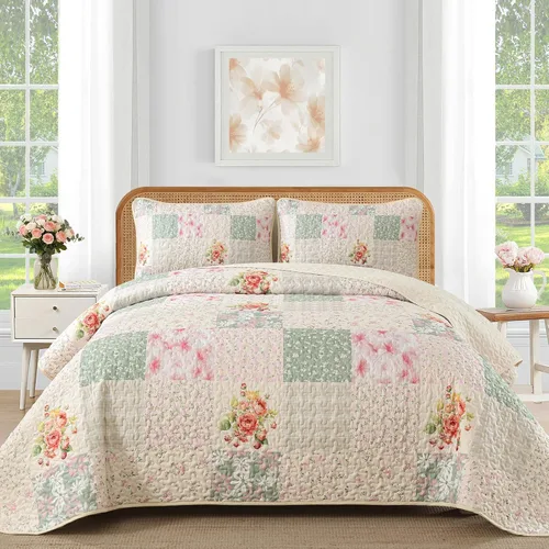 Miniatura 29 de Mybedsoul Juego de edredón bohemio beige tamaño individual, juego de colcha floral a cuadros de 3 piezas, juego de ropa de cama reversible