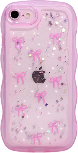 Miniatura 46 de Qokey Funda para iPhone 12 Pro Max de 6.7 pulgadas, diseño de onda rizada, borde transparente, brillante con purpurina, estrella brillante, bonita